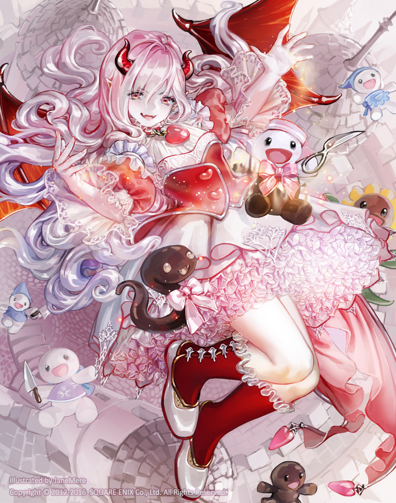 :d artist_name bangs bow castle chain corset demon_horns demon_wings dress fangs fingernails frilled_legwear frills full_body gradient_hair guardian_cross hat heart heart_button holding holding_knife horns jane_mere kneehighs knife lace long_hair multicolored_hair official_art open_mouth petticoat pink_bow pink_dress pink_hair pointy_ears puffy_sleeves red_eyes red_legwear scissors shoes smile snake solo tower very_long_hair wavy_hair white_footwear wings