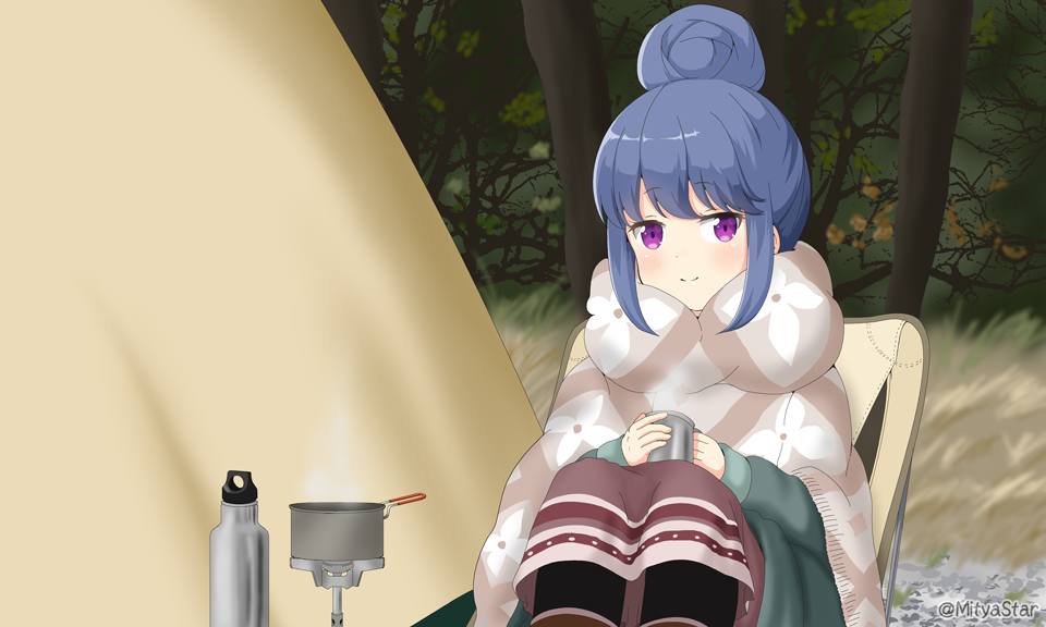 1girl bangs black_legwear blue_hair blush boots brown_footwear brown_skirt chair closed_mouth commentary_request cup day eyebrows_visible_through_hair green_jacket hair_bun head_tilt holding holding_cup jacket long_sleeves miicha mug on_chair outdoors pantyhose portable_stove purple_eyes shima_rin sidelocks sitting skirt smile solo steam tent tree twitter_username yurucamp