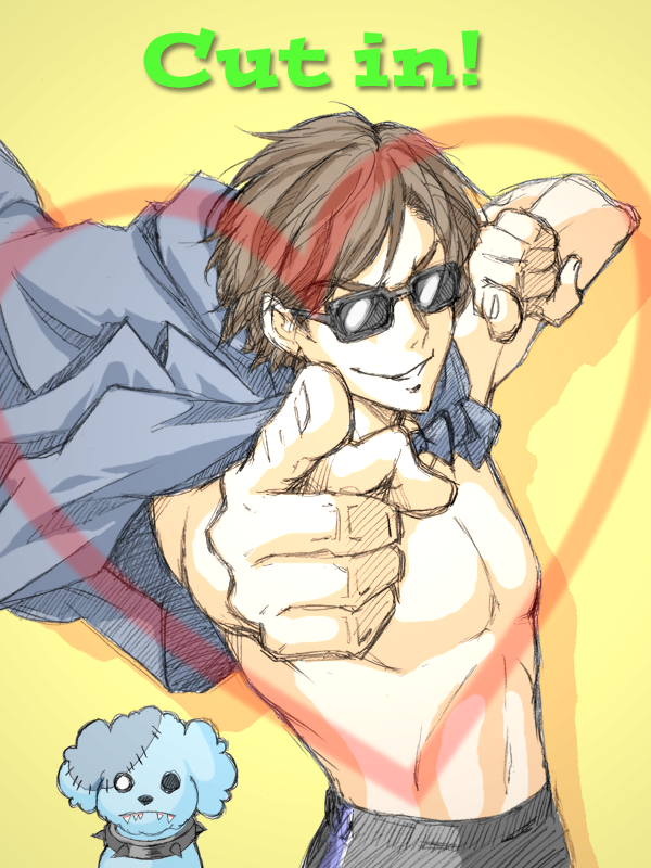 1boy bluez bow bowtie brown_hair collar dog english fangs graphite_(medium) grin heart jacket jacket_on_shoulders pointing pointing_at_viewer romero_(zombie_land_saga) shirtless short_hair simple_background smile solo sunglasses tatsumi_koutarou traditional_media yellow_background zombie zombie_land_saga