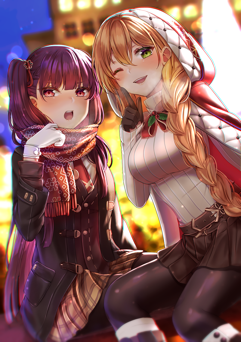 2girls adjusting_scarf alternate_costume alternate_hairstyle bangs belt black_coat black_legwear blurry blurry_background blush boots braid breasts brown_gloves brown_hair brown_skirt buckle city_lights coat eyebrows_visible_through_hair finger_to_mouth girls_frontline gloves green_eyes hair_between_eyes hair_ornament hair_over_shoulder hair_ribbon half_updo hood hood_up hooded_cape index_finger_raised jacket knee_boots large_breasts long_hair looking_at_viewer m1903_springfield_(girls_frontline) multiple_girls necktie night one_eye_closed one_side_up open_clothes open_coat open_mouth outdoors pantyhose plaid plaid_skirt purple_hair purple_jacket red_eyes red_hood red_neckwear red_scarf ribbed_sweater ribbon saruei scarf shirt sidelocks single_braid sitting skirt smile snowflake_print sweater turtleneck turtleneck_sweater very_long_hair wa2000_(girls_frontline) white_gloves white_shirt white_sweater