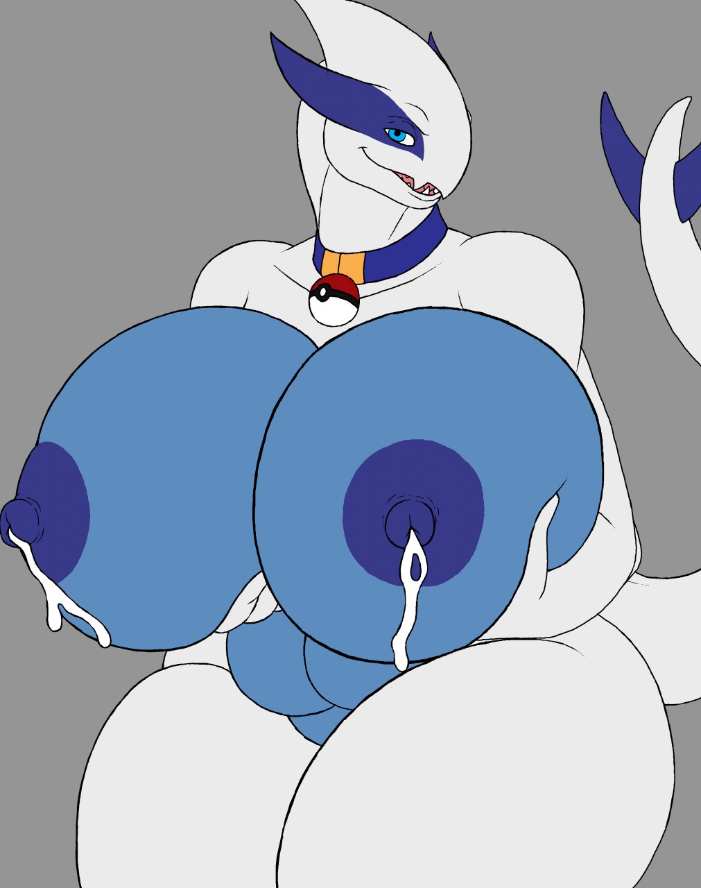 2017 anthro areola big_breasts blue_eyes breasts collar digital_media_(artwork) female holding_breast huge_breasts hyper hyper_breasts karnator lactating legendary_pok&eacute;mon looking_at_viewer lugia milk nintendo nipples nude open_mouth pok&eacute;mon simple_background solo thick_thighs video_games wide_hips