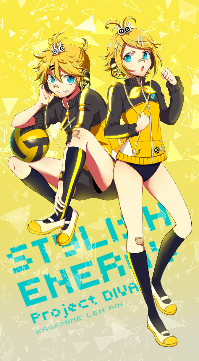 1girl ball black_buruma black_legwear black_shorts blonde_hair blue_eyes brother_and_sister buruma character_name copyright_name full_body grin hair_ornament hairclip headphones highres jacket kagamine_len kagamine_rin kneehighs looking_at_viewer open_mouth project_diva_(series) project_diva_f ribbon shoes short_hair short_shorts shorts siblings sitting smile standing stylish_energy_(module) sweater track_jacket uwabaki vocaloid yamano yellow_ribbon