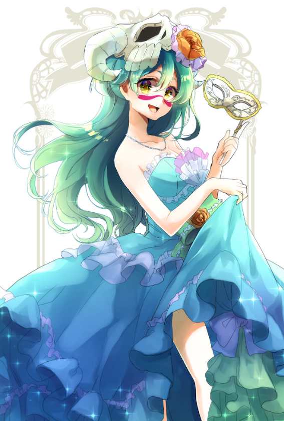 1girl :d bleach blue_dress breasts cleavage collarbone dress facial_mark floating_hair flower green_eyes green_hair hair_between_eyes hair_flower hair_ornament holding jewelry long_dress long_hair medium_breasts necklace nelliel_tu_odelschwanck open_mouth rose shiny shiny_hair skirt_hold skull sleeveless sleeveless_dress smile solo sparkle standing strapless strapless_dress umi_(pixiv6861961) very_long_hair yellow_flower yellow_rose