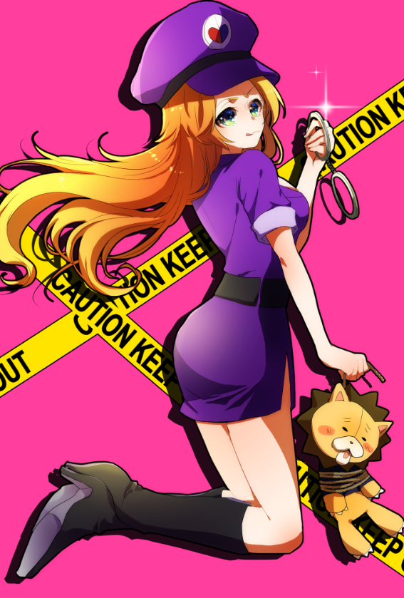 1girl :q black_footwear bleach blonde_hair boots breasts cuffs dress floating_hair from_side full_body green_eyes handcuffs hat holding holding_handcuffs knee_boots long_hair matsumoto_rangiku medium_breasts pink_background print_hat purple_dress purple_hat short_dress short_sleeves side_slit sideboob solo tongue tongue_out umi_(pixiv6861961) very_long_hair