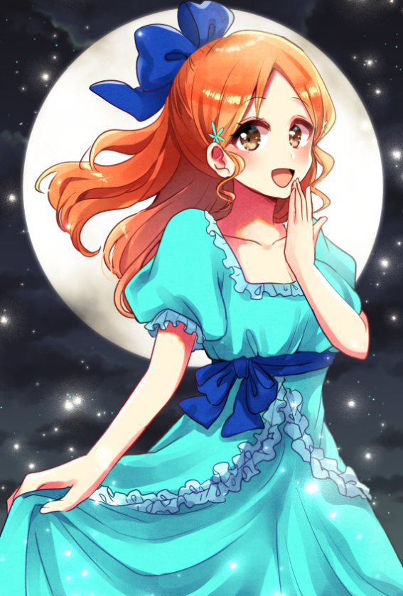 1girl :d alternate_hairstyle bleach blue_bow blue_dress blue_ribbon blush bow brown_eyes collarbone covering_mouth dress full_moon hair_bow hand_over_own_mouth inoue_orihime long_hair looking_at_viewer moon open_mouth ponytail rei_no_himo ribbon short_sleeves skirt_hold smile solo standing umi_(pixiv6861961)
