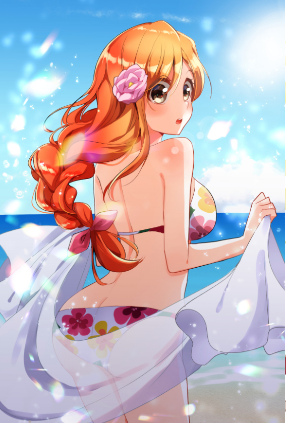 1girl ass bikini bleach blue_sky bow braid braided_ponytail breasts brown_eyes cowboy_shot floating_hair floral_print flower from_behind hair_between_eyes hair_bow hair_flower hair_ornament holding inoue_orihime large_breasts leaning_forward long_hair looking_at_viewer looking_back ocean open_mouth orange_hair pink_bow pink_flower print_bikini shiny shiny_hair single_braid sky solo standing swimsuit umi_(pixiv6861961) very_long_hair
