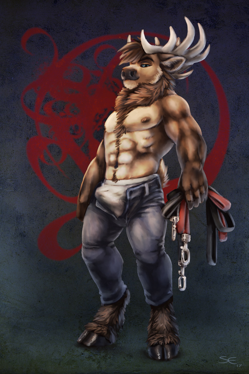 anthro bare_chest bsdm cervine chest_mane clothing damien domination elk erection hooves jeans leash looking_at_viewer male mammal mane pants sabretoothed_ermine underwear unzipped