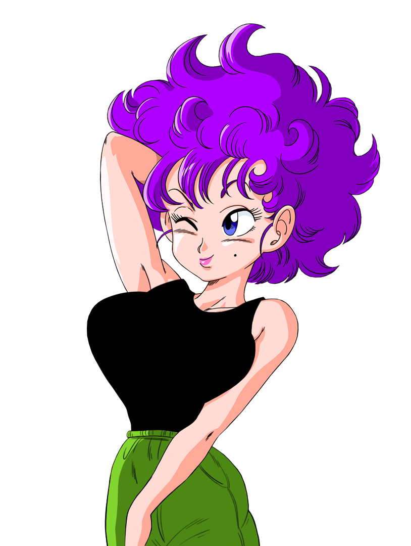 1girl arm_up armpits bare_arms bare_shoulders blue_eyes breasts dragon_ball green_pants large_breasts mole mole_under_eye one_eye_closed pants purple_hair ranfan short_hair simple_background sleeveless smile solo standing transparent_background wavy_hair wink yamamoto_doujin