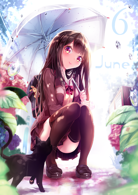 6 animal black_cat black_hair black_legwear cat flower haruka_natsuki hydrangea june loafers long_hair looking_at_viewer number original pleated_skirt purple_eyes rain ribbon school_uniform shoes skirt smile squatting thighhighs umbrella