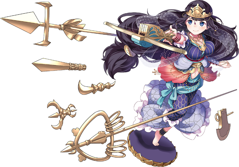 black_hair blue_eyes bow_(weapon) bowgun breasts chunoku crossbow crown full_body holding holding_weapon jewelry kannonji_(oshiro_project) large_breasts long_hair low-tied_long_hair midriff navel necklace official_art oshiro_project oshiro_project_re sheep_sleep short_sleeves smile solo transparent_background very_long_hair weapon