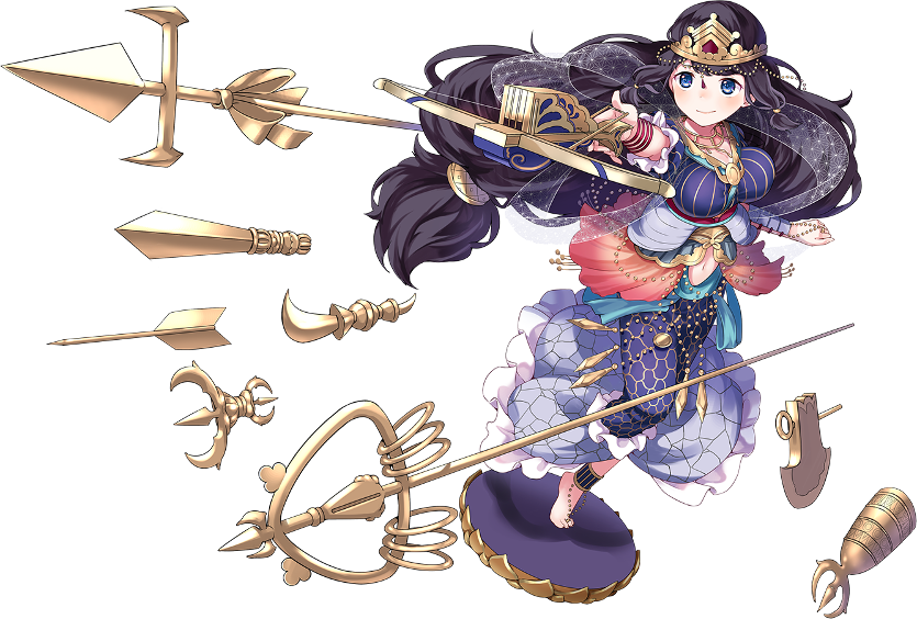 black_hair blue_eyes bowgun breasts crown full_body holding holding_weapon jewelry kannonji_(oshiro_project) large_breasts long_hair low-tied_long_hair midriff navel necklace official_art oshiro_project oshiro_project_re sheep_sleep short_sleeves smile solo transparent_background very_long_hair weapon