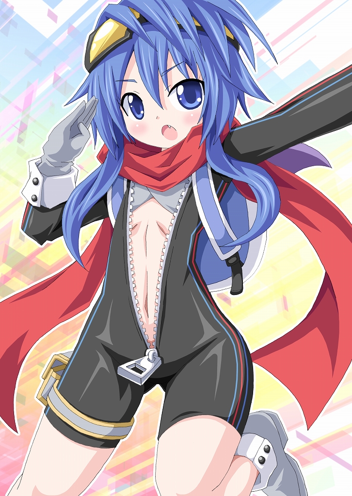 :o blue_eyes blue_hair blush choujigen_game_neptune fang gloves goggles goggles_on_head kagerou_(kers) long_hair looking_at_viewer navel neptune_(series) nippon_ichi_(choujigen_game_neptune) open_mouth scarf solo unzipped