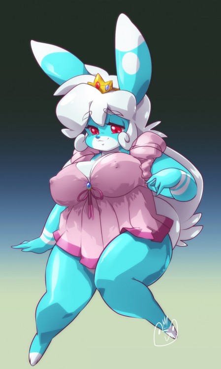 big_breasts blue_body breasts cosplay crown fur lagomorph long_ears mammal mario_bros nintendo pixels_bunni princess_peach rabbit slightly_chubby solo thefrogprince video_games white_fur