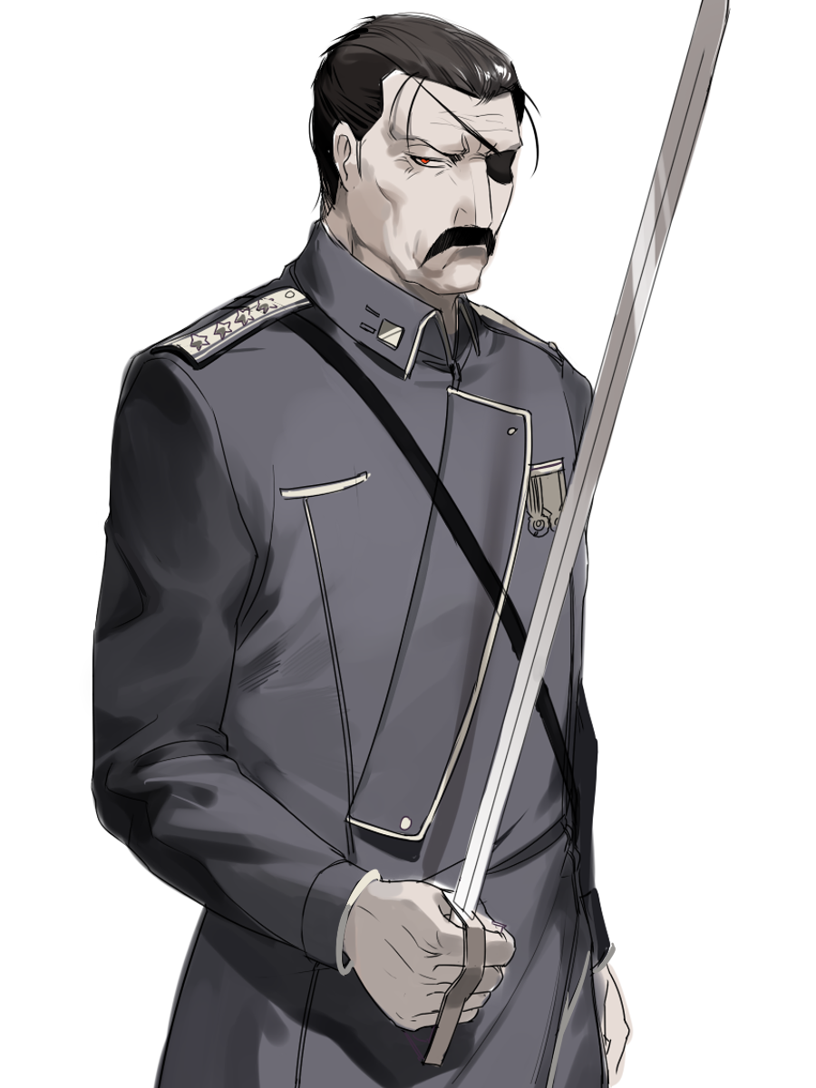 &gt;:( 791_(meiyuewudi) amestris_military_uniform black_hair commentary_request eyepatch facial_hair frown fullmetal_alchemist highres holding holding_sword holding_weapon king_bradley looking_at_viewer male_focus medal military military_jacket military_rank_insignia military_uniform mustache muted_color one_eye_covered pale_skin rapier red_eyes simple_background solo spoilers star sword uniform upper_body v-shaped_eyebrows weapon white_background wrath