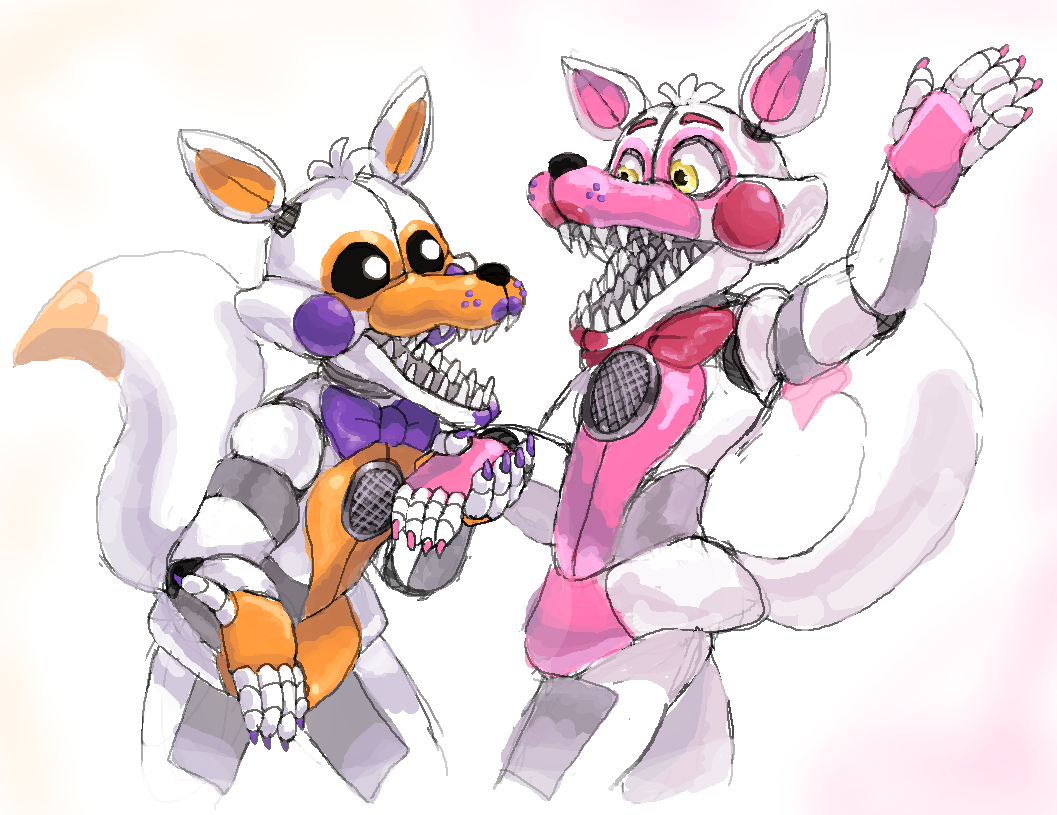 ambiguous_gender animatronic anthro black_sclera bow_tie canine dipstick_tail duet duo eye_contact five_nights_at_freddy's five_nights_at_freddy's_world fox funtime_foxy_(fnafsl) fur hand_holding lolbit_(fnaf) machine mammal multicolored_tail planteon robot sharp_teeth singing sister_location teeth video_games white_eyes white_fur yellow_eyes