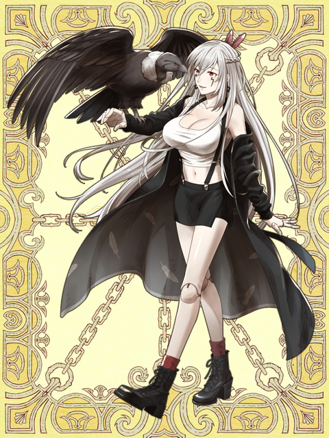 bird boots breasts coat condor doll_joints facial_mark feather_print hair_ornament large_breasts long_hair miniskirt off_shoulder original red_eyes skirt smile suspenders tank_top uonomi_(ujgf8737) walking white_hair wings
