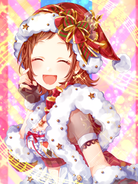 1girl :d ^_^ bang_dream! black_gloves blush brown_hair christmas closed_eyes commentary_request crop_top earrings eyes_closed fingerless_gloves frills fur-trimmed_gloves fur-trimmed_hat fur-trimmed_vest fur_trim gloves hat hat_ribbon hazawa_tsugumi ito22oji jewelry open_mouth red_neckwear red_ribbon red_vest ribbon santa_costume santa_hat short_bangs short_hair short_sleeves smile solo sparkle staff_(music) striped striped_ribbon upper_body vest