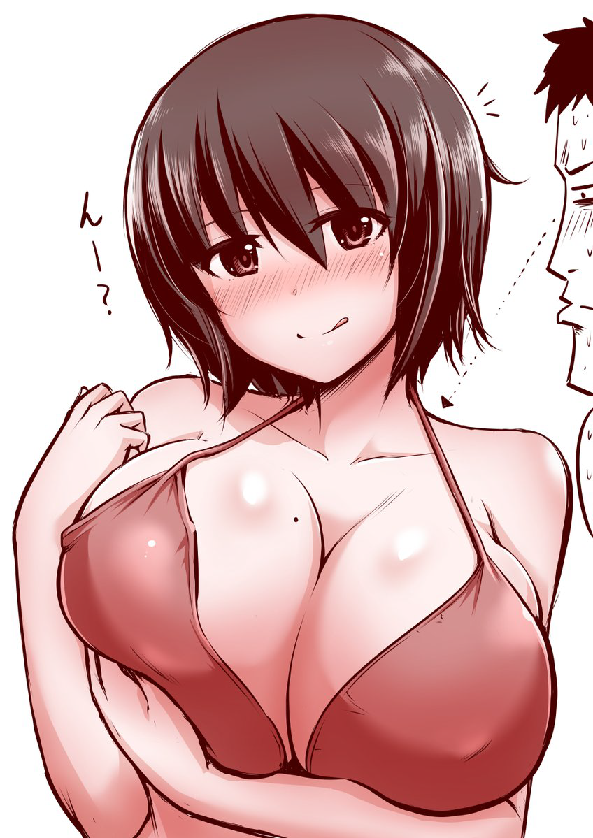 1boy 1girl bikini blush breast_awe breasts brown_eyes brown_hair cleavage collarbone erect_nipples kanno_takanori large_breasts licking_lips looking_at_viewer mole mole_on_breasts red_bikini red_swimsuit short_hair simple_background swimsuit upper_body white_background