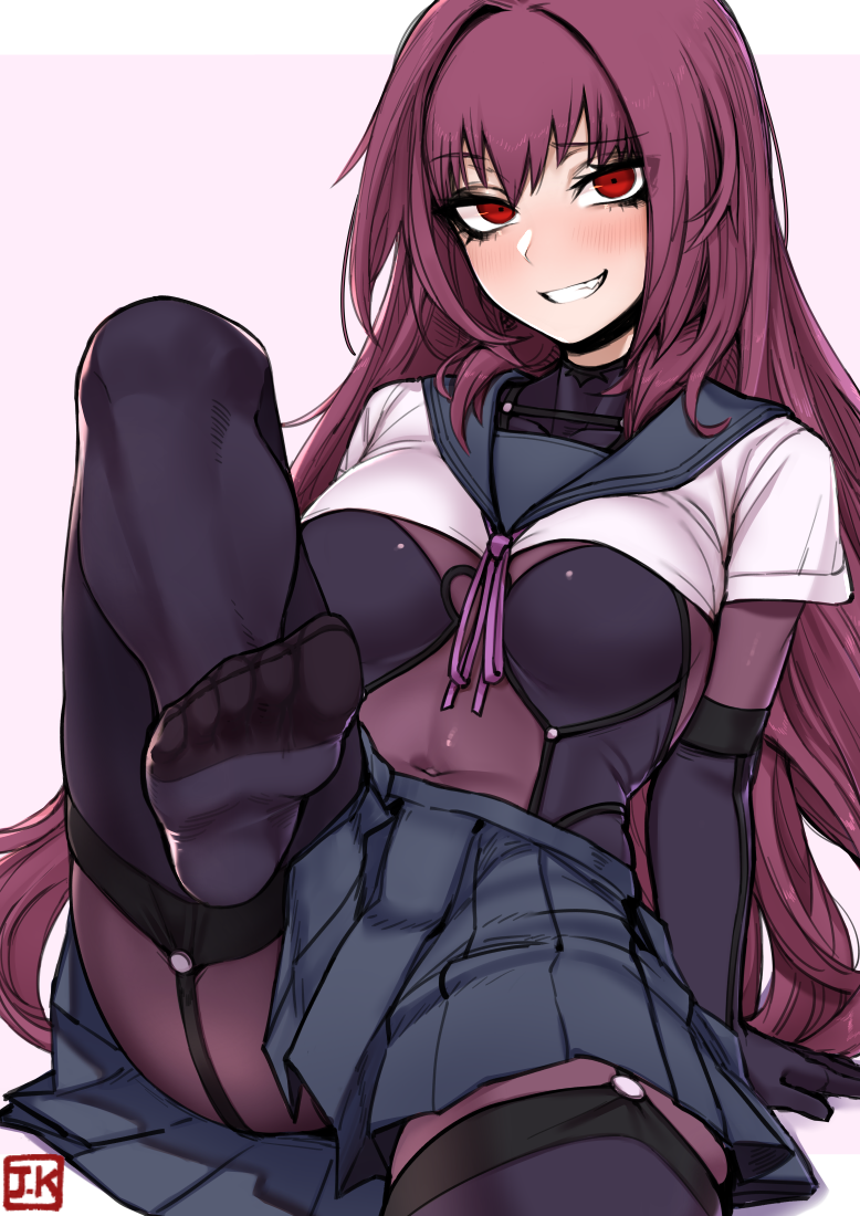 blush bodysuit breasts commentary_request covered_navel eyebrows_visible_through_hair fate/grand_order fate_(series) feet full_body garter_straps grin hair_intakes j.k. large_breasts leotard leotard_under_clothes long_hair looking_at_viewer miniskirt purple_bodysuit purple_hair purple_leotard red_eyes scathach_(fate)_(all) scathach_(fate/grand_order) school_uniform serafuku shoulder_armor shrug_(clothing) signature sitting skirt smile soles thighhighs