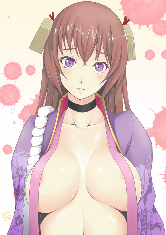 areola_slip areolae bangs blush breasts brown_hair choker collarbone commentary_request hair_ornament hyakka_ryouran_samurai_girls japanese_clothes kimono konishiki_(52siki) large_breasts long_hair looking_at_viewer midriff open_clothes open_kimono parted_lips purple_eyes solo tokugawa_sen upper_body