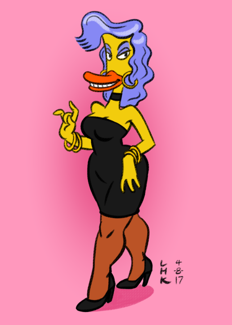 2017 4_fingers anthro avian bernice bird blue_hair breasts cleavage clothed clothing digital_media_(artwork) dress duck duckman ear_piercing eyeshadow feathers female footwear hair high_heels legwear lhk looking_at_viewer makeup pantyhose piercing pose shoes simple_background smile solo standing wide_hips yellow_feathers