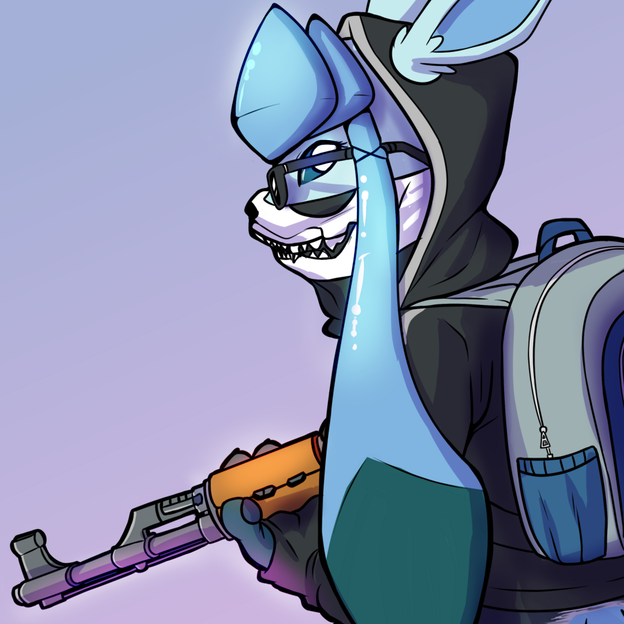 anthro anthrofied backpack clothed clothing eeveelution eyewear facemask frostynoten glaceon glasses gun hoodie nintendo pok&eacute;mon pok&eacute;mon_(species) ranged_weapon rifle solo video_games weapon