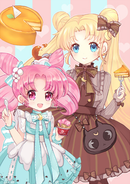 bishoujo_senshi_sailor_moon blonde_hair blue_bow blue_dress blue_eyes bow brown_bow brown_dress chibi_usa cowboy_shot crescent crescent_hair_ornament double_bun dress flower food fork hair_bow hair_flower hair_ornament holding holding_fork holding_spoon ice_cream lolita_fashion long_hair looking_at_viewer maodouzi multicolored multicolored_background multiple_girls pantyhose pie pink_eyes pink_hair short_hair smile spoon striped striped_background sweet_lolita tsukino_usagi twintails