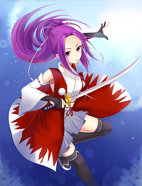 :o black_legwear blue_background bridal_gauntlets detached_sleeves folded_leg forehead glint gradient gradient_background grey_skirt japanese_clothes katana looking_at_viewer meira miao_miao over-kneehighs pleated_skirt ponytail purple_eyes purple_hair sandals short_hair skirt solo sword thighhighs touhou touhou_(pc-98) weapon