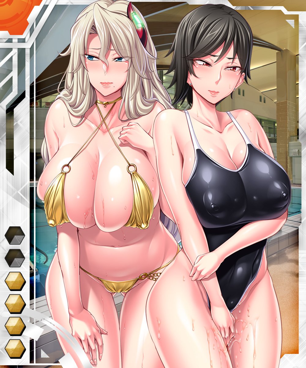 2girls bare_legs bikini blonde_hair blue_eyes breasts brown_hair card_(medium) chains choker curvy eliza_perlman embarrassed erect_nipples female hairclip huge_breasts julia_bloodstone kangoku_academia lilith-soft long_hair multiple_girls nipples one-piece_swimsuit one_piece_swimsuit red_eyes ring shiny_skin short_hair sweat swimsuit taimanin_asagi_battle_arena wavy_hair wet