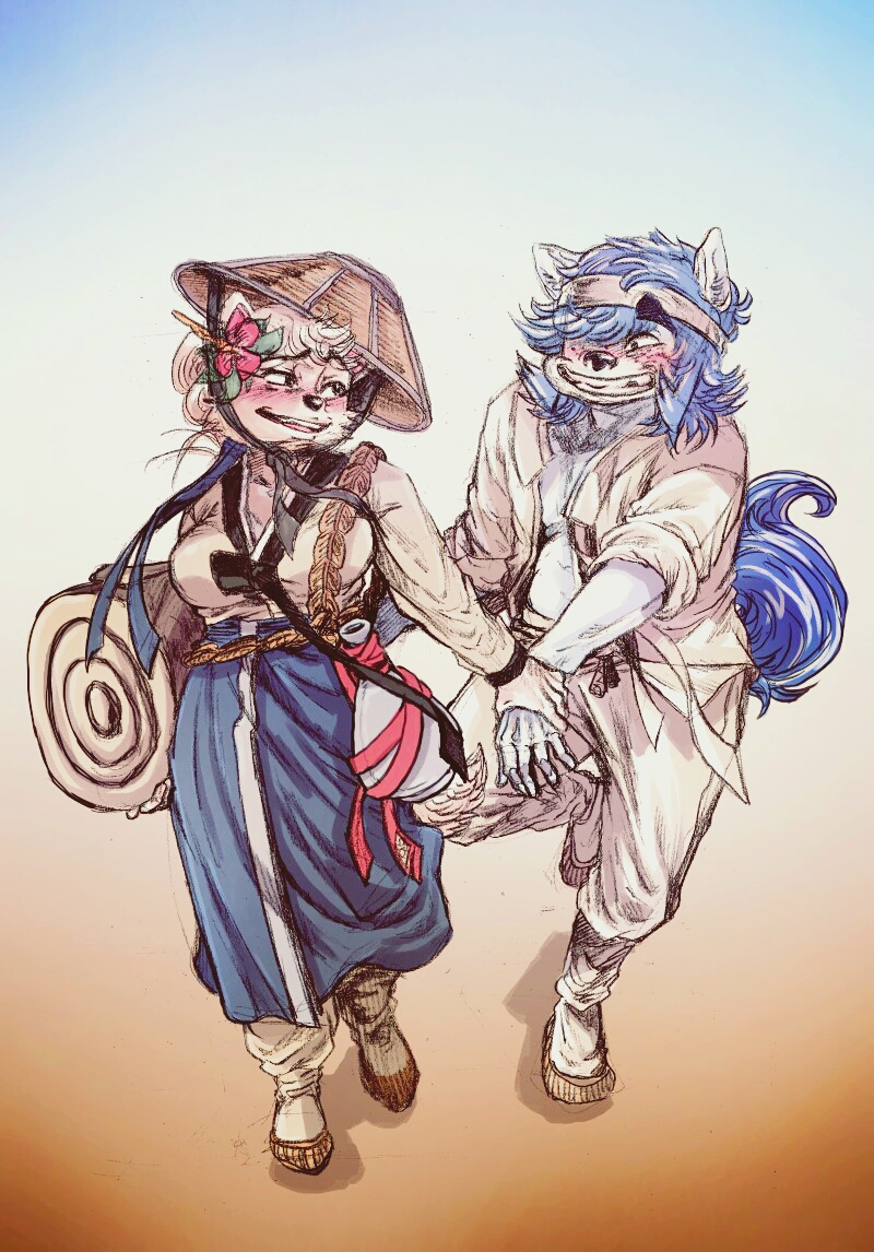 2017 anthro big_breasts biped black_nose blue_background blue_fur blue_hair blush bottle breasts canine cleavage clothed clothing conical_hat digital_media_(artwork) digital_painting_(artwork) dog dress duo eye_contact female flower flower_in_hair fluffy fluffy_tail footwear freckles front_view full-length_portrait fur gradient_background grey_fur hair hair_bun hair_over_eye hanbok hand_holding hatching_(technique) headband high-angle_view holding_object hwi-jeong_(ryonggay) hybrid hye_shoes inner_ear_fluff jindo kemono kishu_inu korean korean_clothing legwear long_dress long_socks loose_clothing male mammal martial_arts_uniform mixed_media on_one_leg open_clothing open_mouth open_shirt open_smile orange_background plant portrait raised_eyebrows rolled_up_sleeves romantic_couple ryonggay shoes short_hair simple_background smile socks standing taekwondo_uniform tagme traditional_media_(artwork) uniform walking white_background white_fur white_hair wolf yong-sil_(ryonggay)