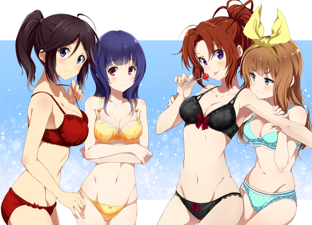 :p :t ahoge aqua_bra aqua_panties ass_visible_through_thighs bangs black_bra black_hair black_panties blue_eyes blue_hair bow bow_bra bow_panties bra breasts brown_hair candy cleavage closed_mouth contrapposto cowboy_shot crossed_arms eyebrows_visible_through_hair food from_side green_eyes hair_ribbon hibike!_euphonium kasaki_nozomi lollipop long_hair looking_at_viewer medium_breasts medium_hair mirai_denki multiple_girls nakagawa_natsuki navel outstretched_arm panties parted_bangs pink_eyes polka_dot polka_dot_bra polka_dot_panties ponytail purple_eyes red_bra red_panties ribbon smile standing strap_lift tongue tongue_out underwear underwear_only yellow_bra yellow_panties yoroizuka_mizore yoshikawa_yuuko