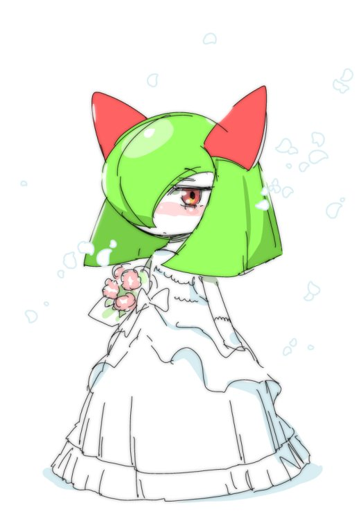 1girl blush bouquet bow dress eyebrows_visible_through_hair flower full_body gloves green_hair hair_over_one_eye half-closed_eyes jpeg_artifacts kirlia looking_at_viewer mizone no_humans petals pink_flower pokemon pokemon_(creature) pokemon_rse red_eyes simple_background solo standing strapless strapless_dress wedding_dress white_background white_bow white_dress white_gloves