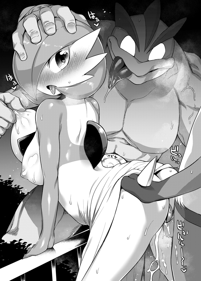 1girl 2boys arm_support ass bent_over blush breasts cum cum_in_pussy cumdrip drooling erection extra_arms from_behind furry gardevoir greyscale hand_on_ass hand_on_head hand_up heart heart-shaped_pupils hetero interspecies leaning_forward legs_apart looking_back lucario machamp medium_breasts mizone monochrome multiple_boys muscle nipple_tweak nipples no_humans open_mouth outdoors penis pokemon pokemon_(creature) pokemon_dppt pokemon_rgby pokemon_rse railing saliva sex short_hair sky smile spoken_heart standing sweat symbol-shaped_pupils testicles text tongue tongue_out translation_request tree uncensored vaginal