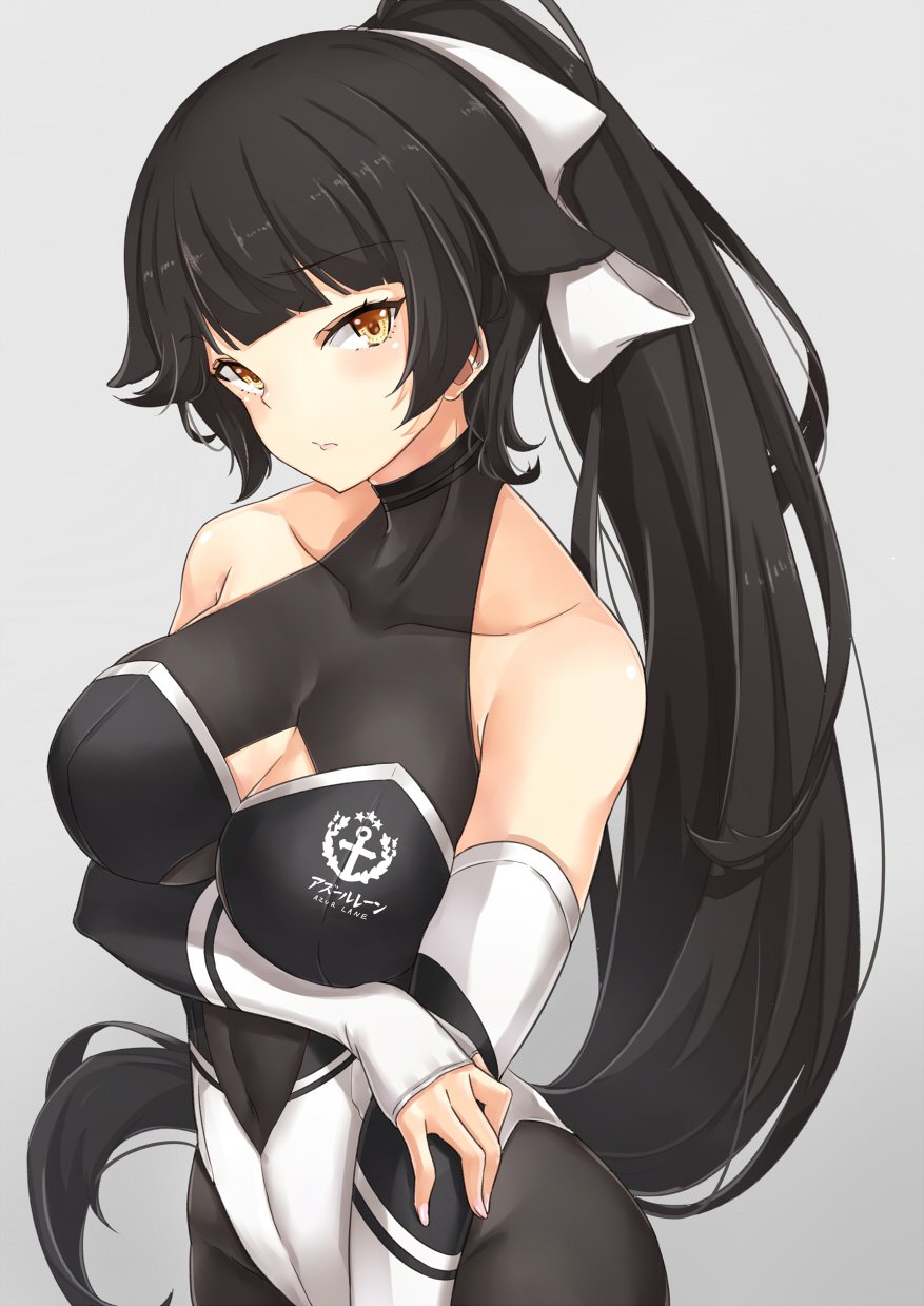 1girl alternate_costume arm_under_breasts asya azur_lane bangs bare_shoulders black_hair black_legwear blush bow breasts brown_eyes cleavage cleavage_cutout clothes_writing collarbone elbow_gloves eyebrows_visible_through_hair fingerless_gloves gloves hair_bow head_tilt highres large_breasts leotard long_hair looking_at_viewer pantyhose ponytail ribbon sidelocks solo takao_(azur_lane) tsurime very_long_hair white_bow white_ribbon