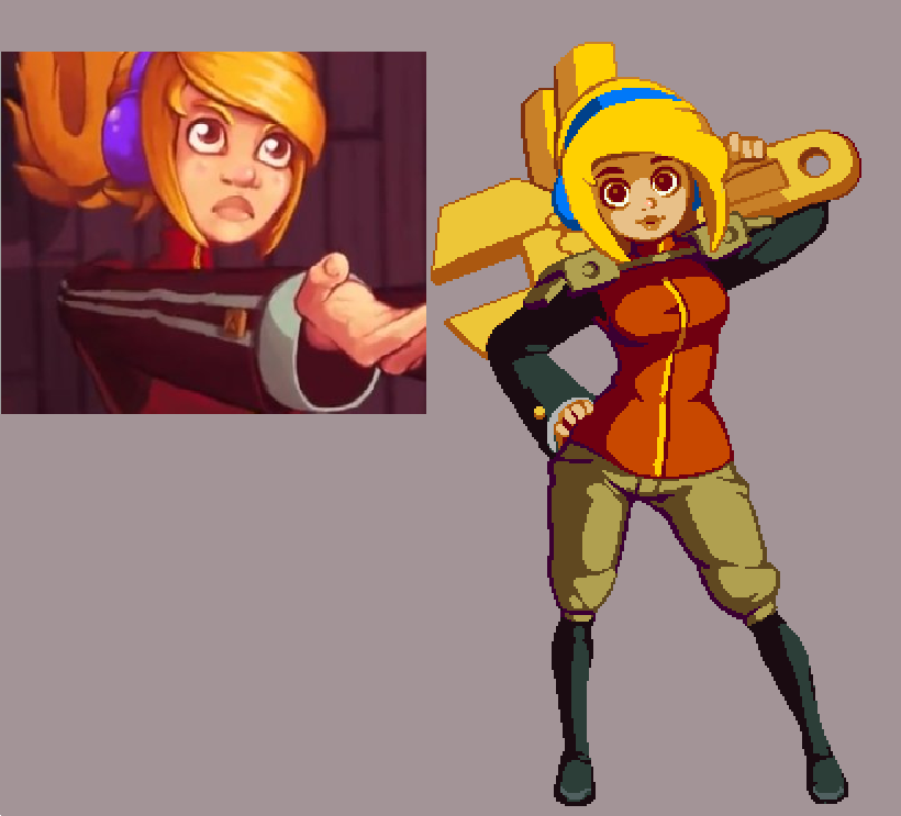 blonde_hair boots brown_eyes commentary comparison contrapposto culottes half_updo hand_on_hip headphones huge_weapon jacket joakim_sandberg knee_boots lips long_hair pixel_art robin_(the_iconoclasts) solo standing the_iconoclasts weapon wrench