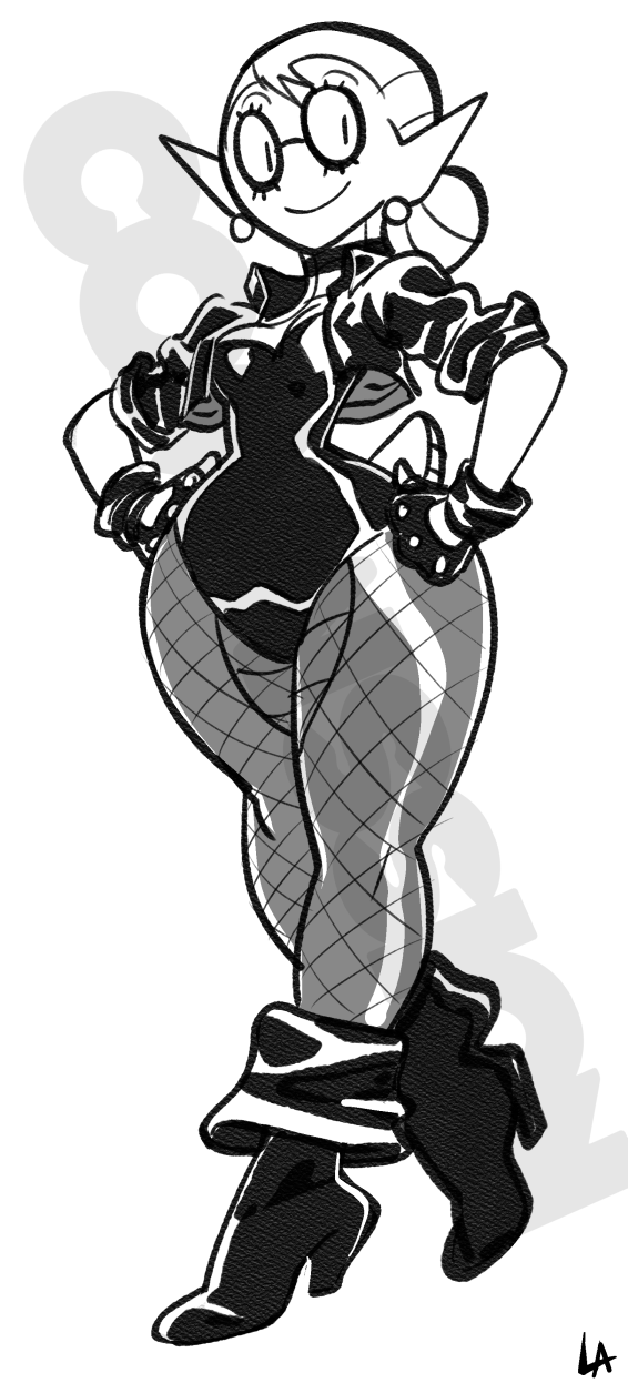 anthro black_and_white black_canary breasts cleavage clothed clothing cosplay dc_comics ear_piercing eyewear female fingerless_gloves fishnet glasses gloves hair jacket liefeldianabomination monochrome piercing sally_(scalie_schoolie) scalie scalie_schoolie smile wide_hips