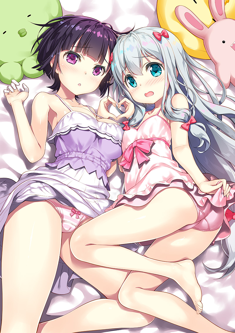ass babydoll bangs bare_legs barefoot bed_sheet blue_eyes blush bow bow_panties breasts camisole eromanga_sensei eyebrows_visible_through_hair fujima_takuya hair_bow hand_up hands_up heart heart_hands heart_hands_duo izumi_sagiri lingerie long_hair looking_at_viewer low-tied_long_hair lying medium_breasts multiple_girls navel on_back on_side panties pink_bow pink_panties purple_eyes purple_hair senju_muramasa short_hair silver_hair small_breasts smiley_face striped striped_panties stuffed_animal stuffed_bunny stuffed_octopus stuffed_toy tareme thighs underwear white_panties