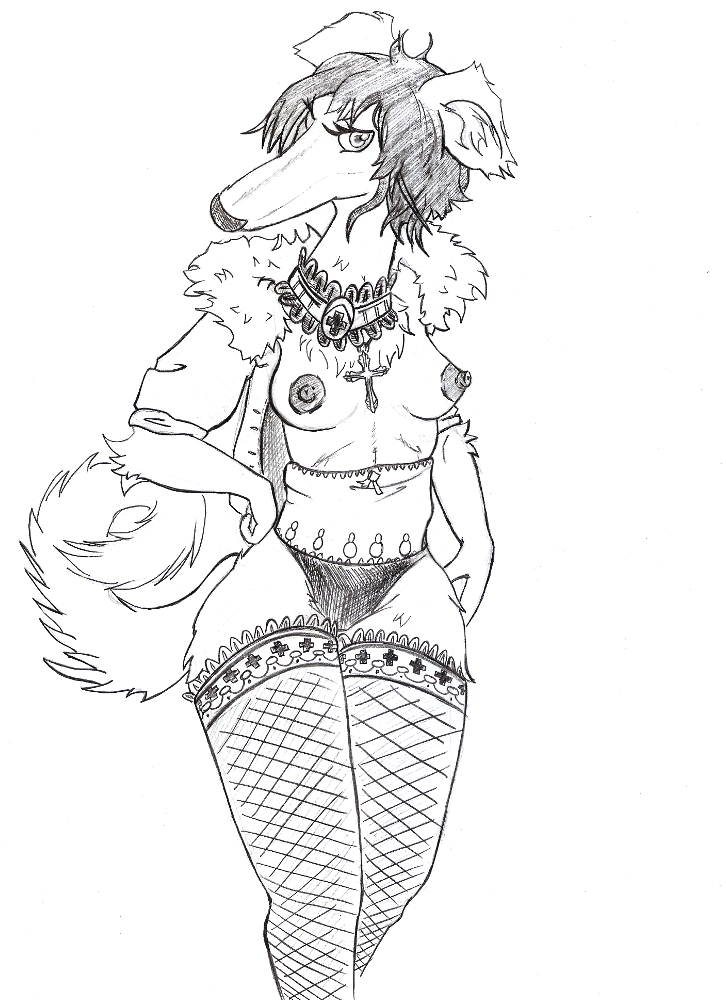 2017 anthro areola big_areola biped black_nose borzoi breasts canine chest_tuft clothed clothing cross curled_tail dog erect_nipples eyelashes female fishnet fishnet_legwear floppy_ears fluffy fluffy_tail front_view fur garter greyscale hair hand_on_hip humanoid_hands inner_ear_fluff jacket jewelry leg_tuft legwear line_art long_face looking_at_viewer looking_away mammal medium_breasts messy_hair monochrome neck_garter necklace nipples open_jacket panties pencil_(artwork) pinup portrait pose pseudosharp puffy_nipples rolled_up_sleeves short_air simple_background snout solo standing three-quarter_portrait traditional_media_(artwork) tuft underwear white_background