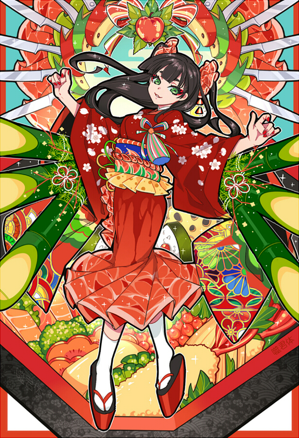 :3 arms_up artist_name bangs black_hair blunt_bangs border bow character_request commentary_request dot_nose egasumi eyelashes eyeshadow floral_print food food_themed_clothes food_themed_hair_ornament full_body green_eyes hair_ornament half-closed_eyes japanese_clothes kimono knife long_hair long_sleeves looking_at_viewer lotus_root makeup nail_polish nengajou new_year obentou obi okobo original parted_bangs parted_lips print_kimono red_border red_kimono red_nails sash shi_jun_ti shrimp shrimp_tempura solo tabi tassel tempura thick_eyebrows two_side_up white_legwear wide_sleeves