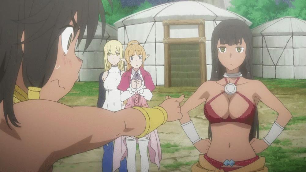 10s 4girls :( :c :o aiz_wallenstein angry animated animated_gif arm bare_arms bare_shoulders bikini_top black_gloves blonde_hair blue_eyes blush boots bouncing_breasts bracelet bracer breast_envy breasts capelet cleavage clenched_hands closed_mouth collarbone collared_shirt dark_skin dress dungeon_ni_deai_wo_motomeru_no_wa_machigatteiru_darou_ka elbow_gloves elf expressionless eye_contact field friends gloves hair_ornament hair_tubes hands hands_on_hips hands_together index_finger_raised jewelry large_breasts lefiya_viridis long_hair long_sleeves looking_at_another medium_breasts midriff multiple_girls navel neck neck_ring open_mouth orange_hair outdoors pointing ponytail purple_capelet red_bikini_top red_capelet revealing_clothes serious shirt short_dress short_hair sisters sleeveless sleeveless_turtleneck standing surprised sweatdrop sword_oratoria talking tent tiona_hyryute tione_hyryute tree turtleneck twins white_boots white_dress white_shirt yellow_eyes