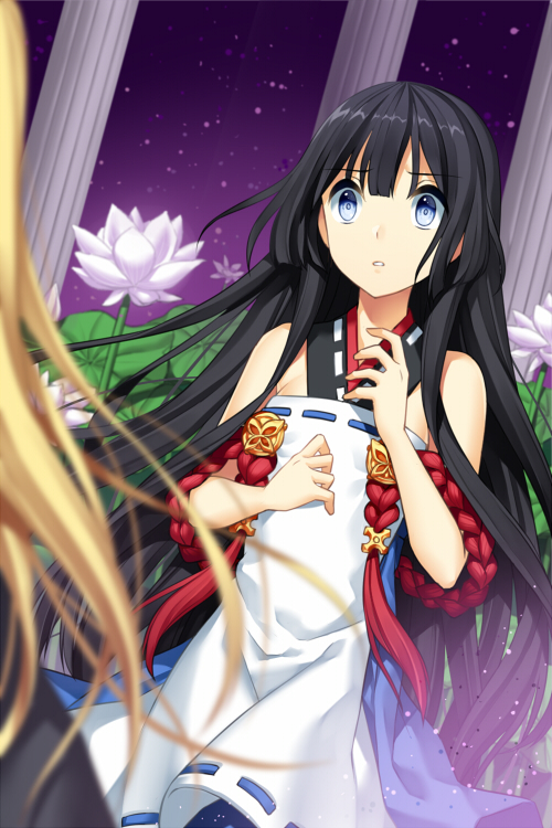 bad_id bad_pixiv_id bangs black_hair blonde_hair blue_eyes blunt_bangs breasts column commentary cowboy_shot dress flower hands_on_own_chest jenevan long_hair looking_away multiple_girls parted_lips pillar scared sky small_breasts solo_focus star_(sky) starry_sky sword_girls very_long_hair white_dress white_flower worried