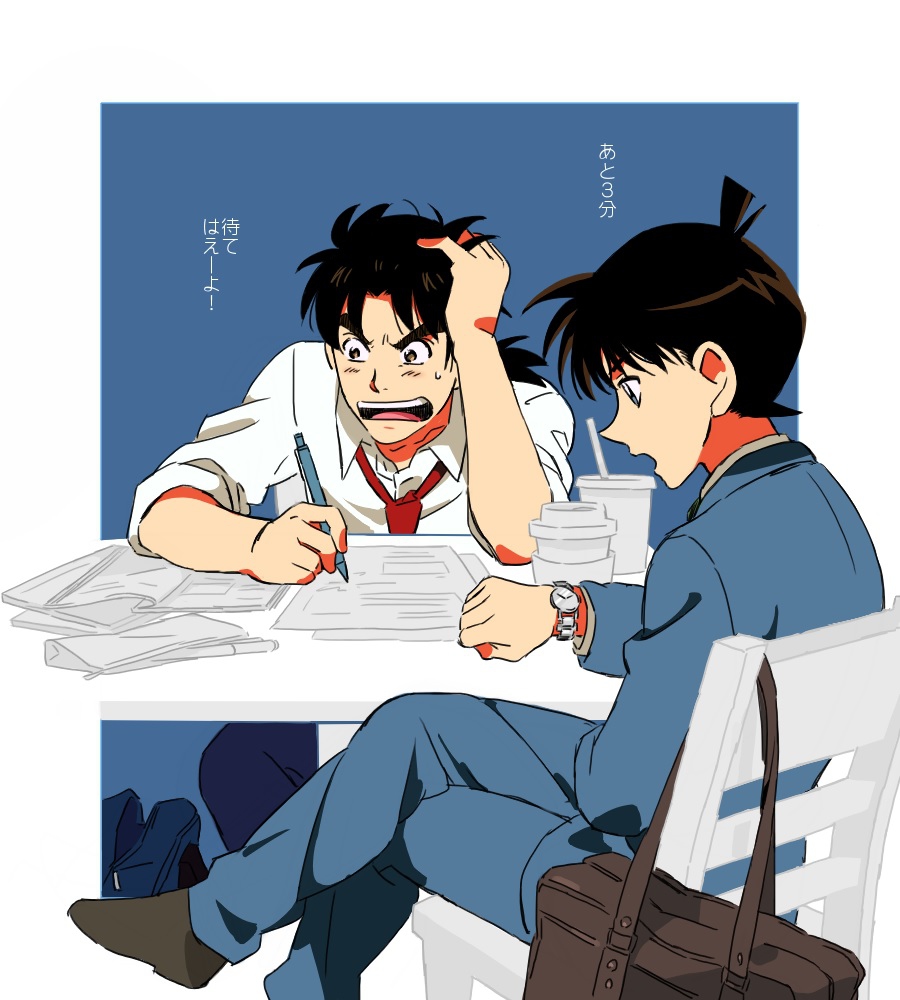 2boys annoyed blue_eyes brown_eyes brown_hair chair holding_head homework japanese kindaichi_hajime kindaichi_shonen_no_jikenbo kindaichi_shounen_no_jikenbo kudou_shin'ichi looking multiple_boys necktie open_mouth paper pen ponytail school_back school_uniform short_hair sitting sitting_on_chair stress stressed student table teeth text tie time together translation_request wrist_watch