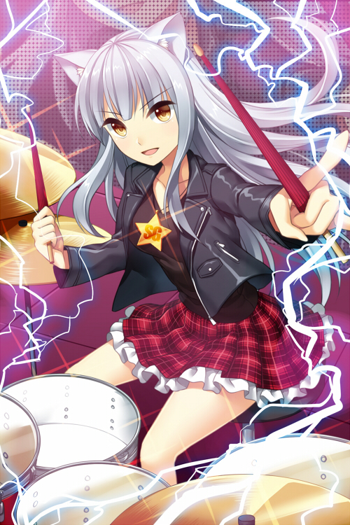 :d \n/ animal_ears bad_id bad_pixiv_id bangs breasts cat_ears checkered checkered_skirt commentary drum drumsticks eyebrows_visible_through_hair instrument jacket jenevan jewelry leather leather_jacket light_brown_eyes lightning long_hair looking_at_viewer medium_breasts necklace official_art open_mouth pointing pointing_at_viewer silver_hair sitting skirt smile solo star star_necklace sword_girls v-shaped_eyebrows