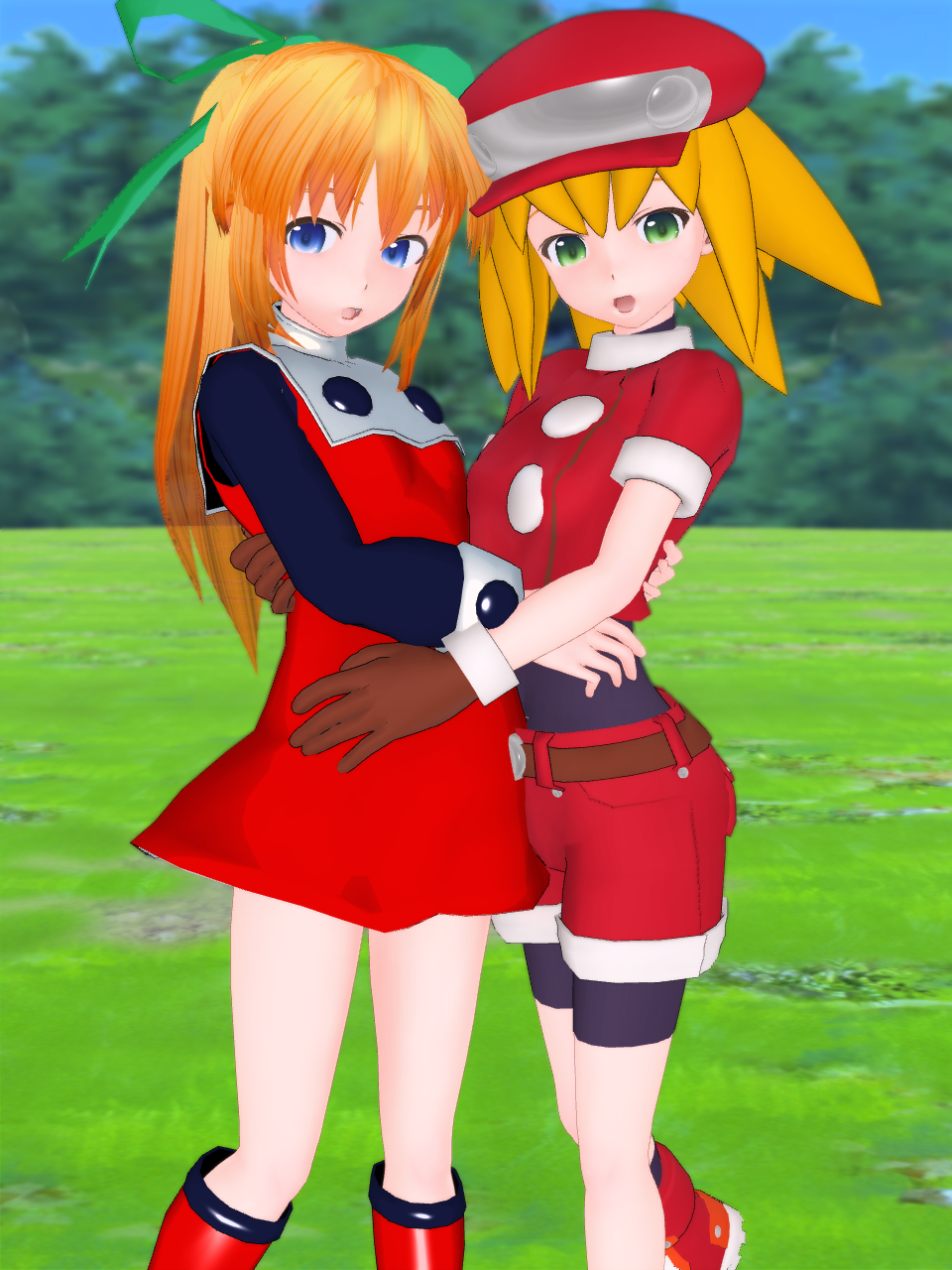 big_hat blonde_hair gloves green_eyes hot_pants red_hat rockman rockman_dash roll roll_caskett