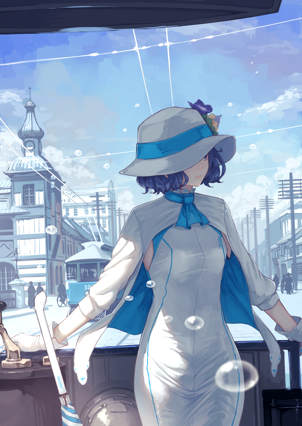 1girl arm_support blue_sky breasts brown_hair bubble building closed_mouth cloud cloudy_sky commentary_request day dress flower gloves hat hat_flower highres jacket long_sleeves looking_away looking_to_the_side outdoors purple_flower short_hair silhouette sky small_breasts solo_focus suntory suntory_nomu virtual_youtuber white_dress white_gloves white_hat white_jacket yasukura_(shibu11)