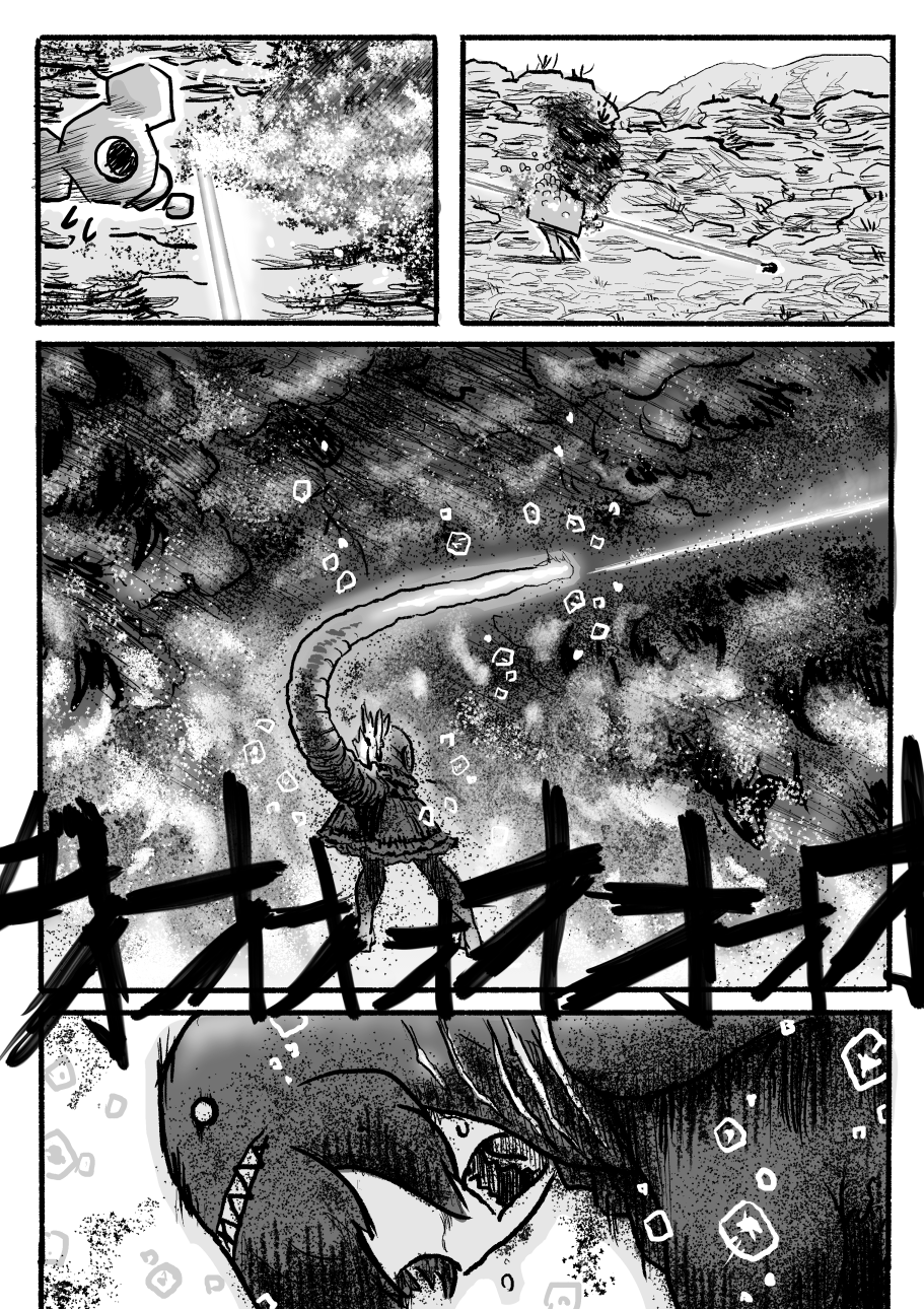 attack black_cerulean_(kemono_friends) cerulean_(kemono_friends) comic crossover day energy_beam firing godzilla godzilla_(series) greyscale hairband highres kemono_friends kishida_shiki laser leaning_forward monochrome monster one-eyed open_mouth outdoors personification shin_godzilla short_hair smoke sound_effects standing sweat tail translated