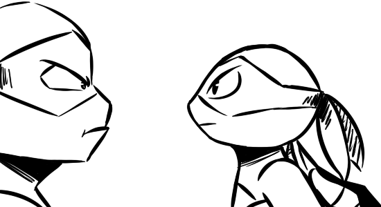 2017 anthro bandanna black_and_white disembodied_hand duo_focus eye_contact group inkyfrog leonardo_(tmnt) male mask monochrome raphael_(tmnt) reptile scalie shell side_view simple_background teenage_mutant_ninja_turtles turtle white_background