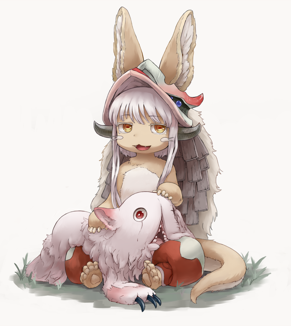 :3 :d animal_ears barefoot brown_eyes claws colored_eyelashes creature ears_through_headwear eyebrows_visible_through_hair fangs full_body furry grass hat horns kumama looking_at_viewer lying made_in_abyss mitty_(made_in_abyss) nanachi_(made_in_abyss) on_stomach open_mouth pants petting red_eyes short_hair_with_long_locks sitting smile tail whiskers white_background white_hair