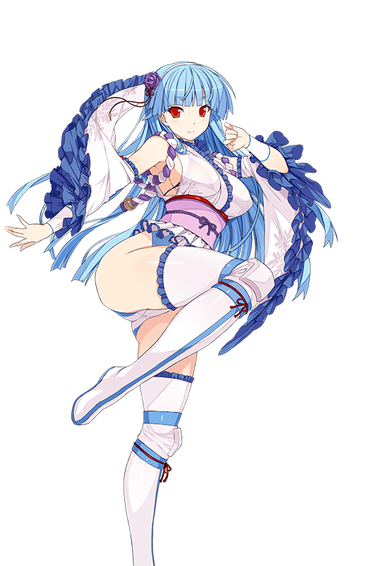 armpits ass bangs bare_shoulders blue_hair blunt_bangs boots breasts detached_sleeves flower frilled_sleeves frills hair_flower hair_ornament hairband himukai_kyousuke japanese_clothes knee_boots large_breasts leg_lift long_hair looking_at_viewer obi official_art red_eyes ring_dream sash smile solo transparent_background white_footwear wrestling_outfit yuki_onna_(ring_dream)