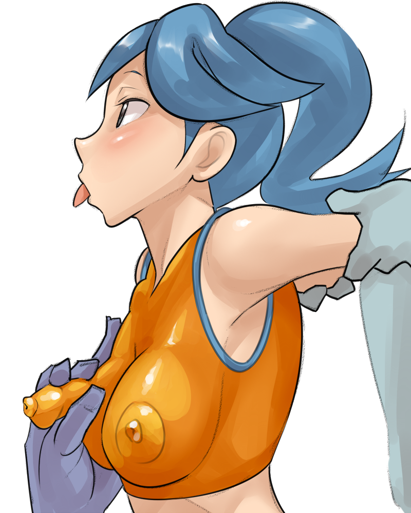 1girl areolae arm_grab bare_shoulders battle_girl_(pokemon) blue_hair blush breast_grab breast_squeeze breasts crop_top erect_nipples from_side machamp pokemon pokemon_(game) pokemon_oras ponytail tongue tongue_out